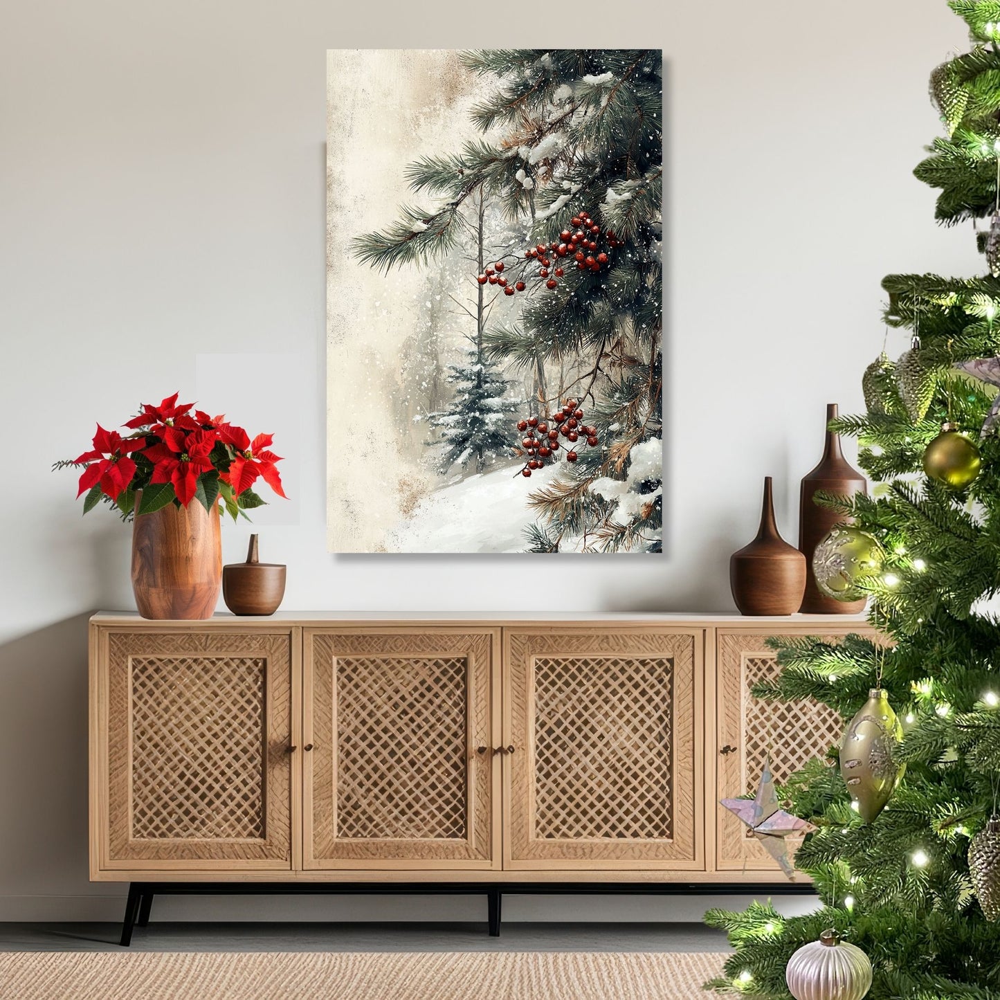 Vintage Jul-plakat og lerret med motiv av snødekte grener og røde bær i et magisk vinterlandskap. Illustrasjon viser motivet på lerret.