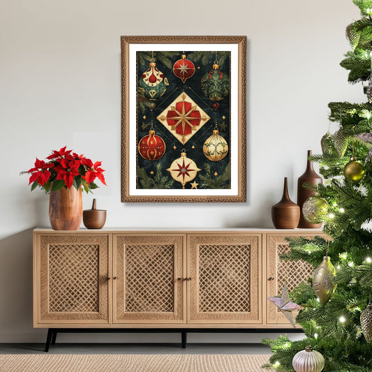 Juleormanenter som viser nøye utformede stjerner, julekuler og snøkrystaller i en nostalgisk palett av rødt, gull og grønt, alt mot en dyp og elegant bakgrunn. Illustrasjon viser motivet som plakat med hvit kant i ramme.