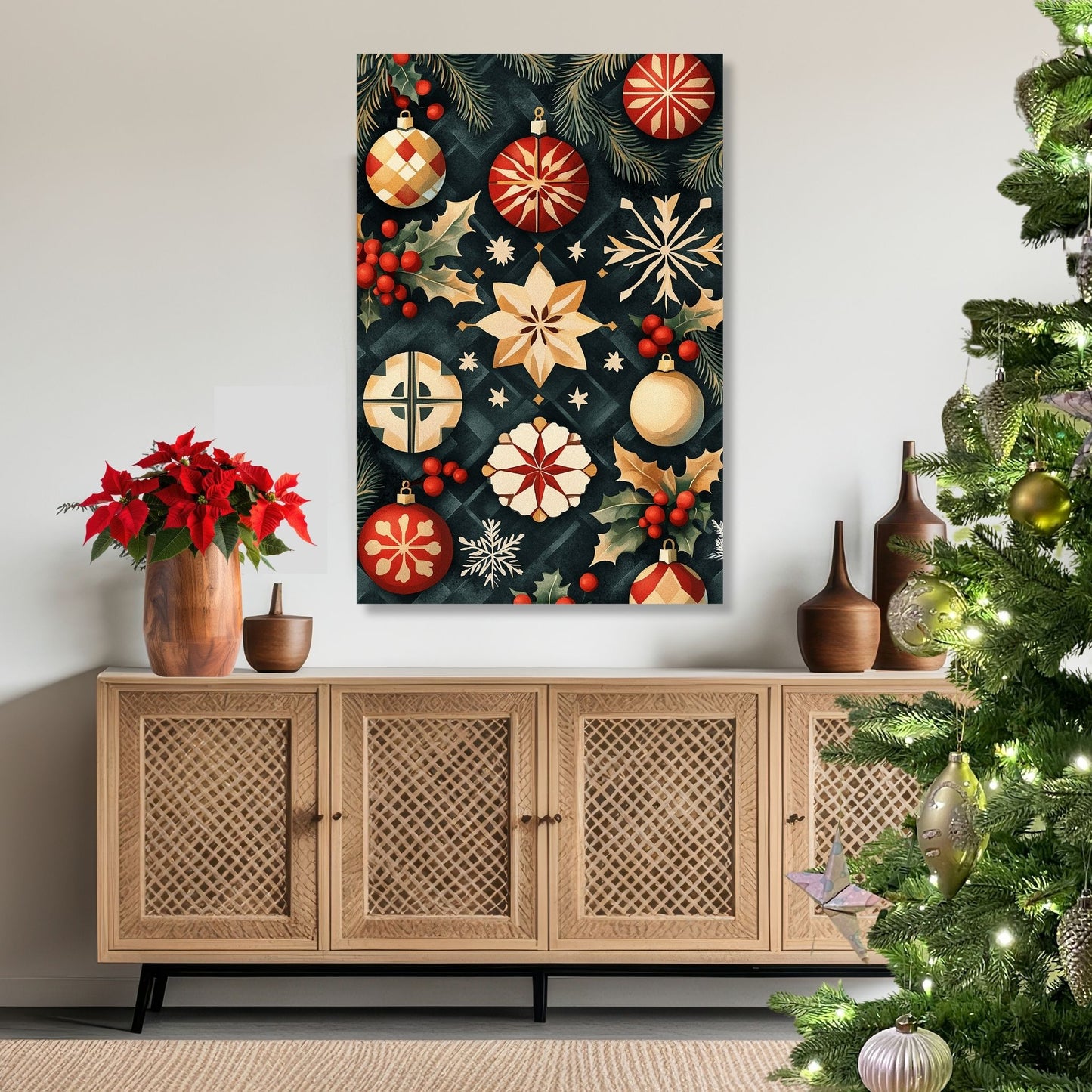 Juleormanenter som viser nøye utformede stjerner, julekuler og snøkrystaller i en nostalgisk palett av rødt, gull og grønt, alt mot en dyp og elegant bakgrunn. Illustrasjon viser motivet på lerret.