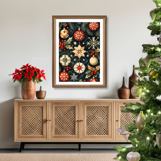 Juleormanenter som viser nøye utformede stjerner, julekuler og snøkrystaller i en nostalgisk palett av rødt, gull og grønt, alt mot en dyp og elegant bakgrunn. Illustrasjon viser motivet som plakat med hvit kant i ramme.