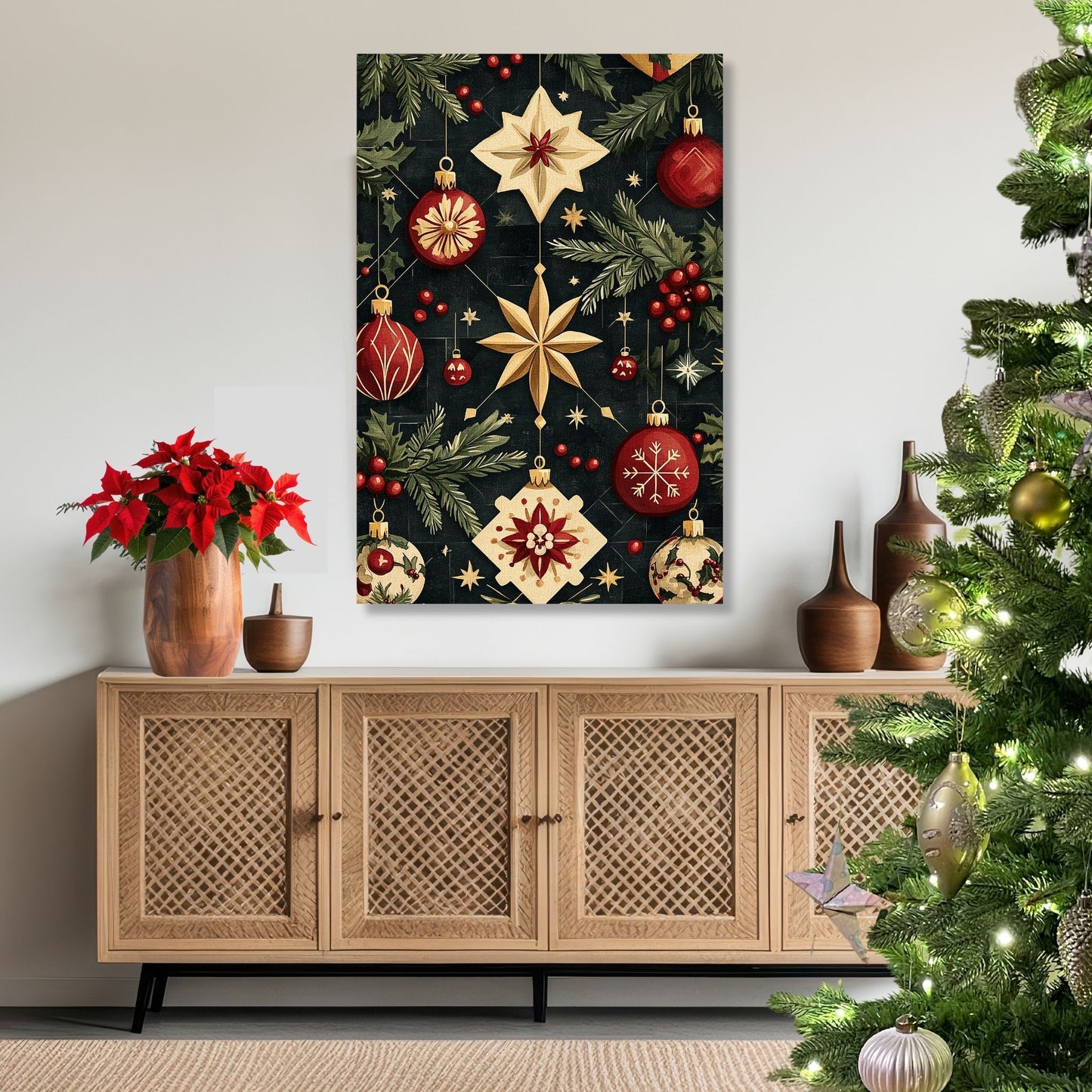 Juleormanenter som viser nøye utformede stjerner, julekuler og snøkrystaller i en nostalgisk palett av rødt, gull og grønt, alt mot en dyp og elegant bakgrunn. Illustrasjon viser motivet på lerret.