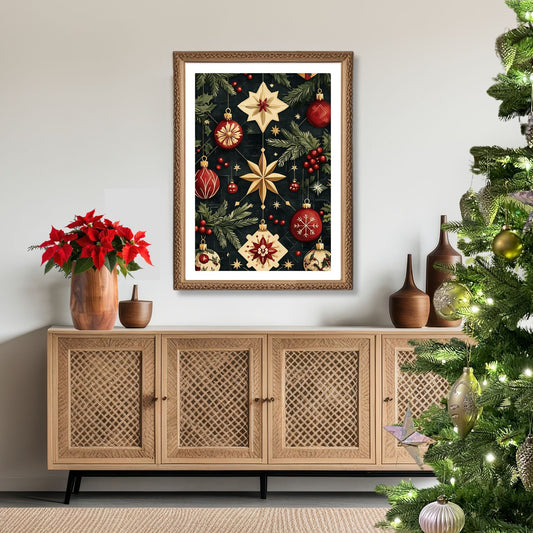 Juleormanenter som viser nøye utformede stjerner, julekuler og snøkrystaller i en nostalgisk palett av rødt, gull og grønt, alt mot en dyp og elegant bakgrunn. Illustrasjon viser motivet som plakat med hvit kant i ramme.
