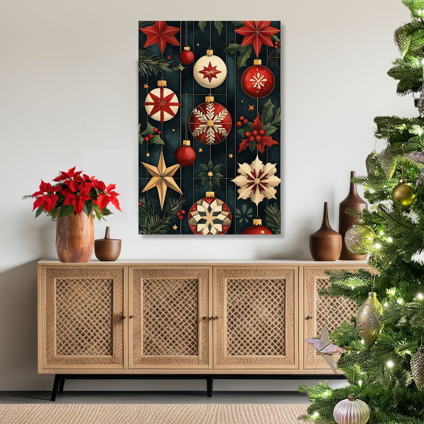 Juleormanenter som viser nøye utformede stjerner, julekuler og snøkrystaller i en nostalgisk palett av rødt, gull og grønt, alt mot en dyp og elegant bakgrunn. Illustrasjon viser motivet på lerret.