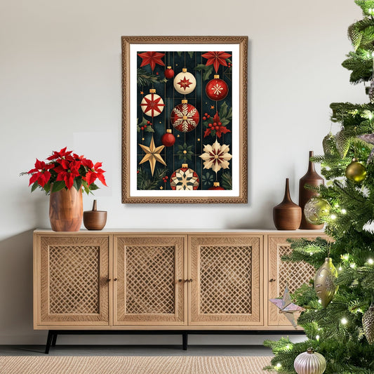 Juleormanenter som viser nøye utformede stjerner, julekuler og snøkrystaller i en nostalgisk palett av rødt, gull og grønt, alt mot en dyp og elegant bakgrunn. Illustrasjon viser motivet som plakat med hvit kant i ramme.