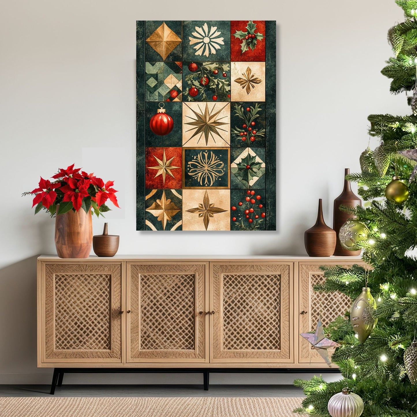 Juleormanenter som viser nøye utformede stjerner, julekuler og snøkrystaller i en nostalgisk palett av rødt, gull og grønt, alt mot en dyp og elegant bakgrunn. Illustrasjon viser motivet på lerret.