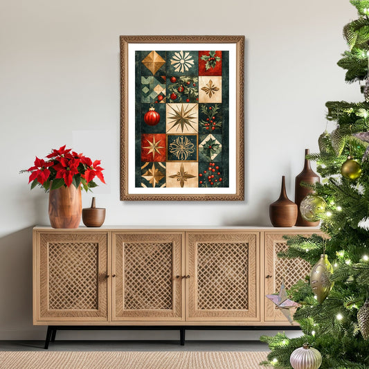Juleormanenter som viser nøye utformede stjerner, julekuler og snøkrystaller i en nostalgisk palett av rødt, gull og grønt, alt mot en dyp og elegant bakgrunn. Illustrasjon viser motivet som plakat med hvit kant i ramme.