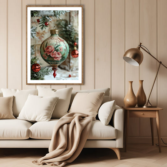 Dette delikate motivet viser en håndmalt julekule med vakre rosemønstre, omgitt av vintergrønt og røde bær. Illustrasjon viser motivet som plakat med hvit kant i lys ramme.