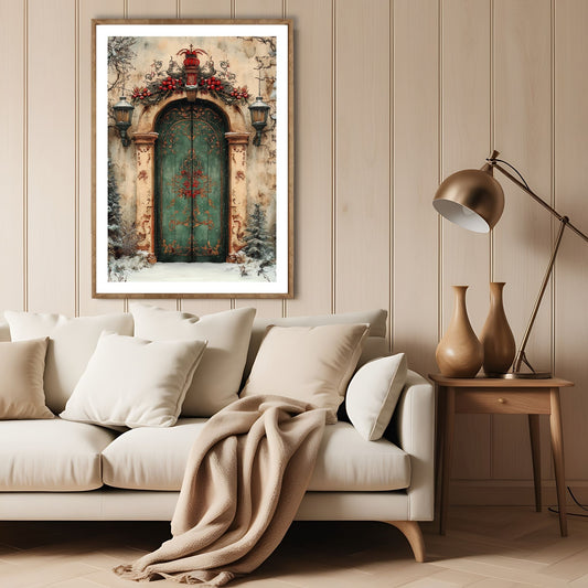 Dette unike motivet viser en utsmykket port med vintergrønt og røde detaljer, omgitt av teksturer som fremkaller følelsen av en snødekket landsbygate. Illustrasjon viser motivet som plakat med hvit kant i lys ramme.