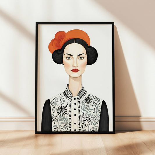 Denne sofistikerte illustrasjonen kombinerer vintage-inspirert mote med moderne kunstnerisk uttrykk. Illustrasjon viser plakat i sort ramme.