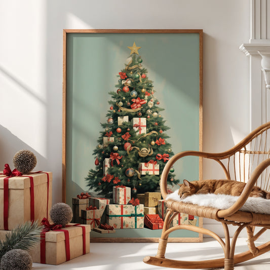 Et nostalgisk motiv med elegante pakker, røde sløyfer og glitrende kuler – en hyllest til julens tradisjoner. Illustrasjon viser plakat uten hvit kantlinje i ramme.