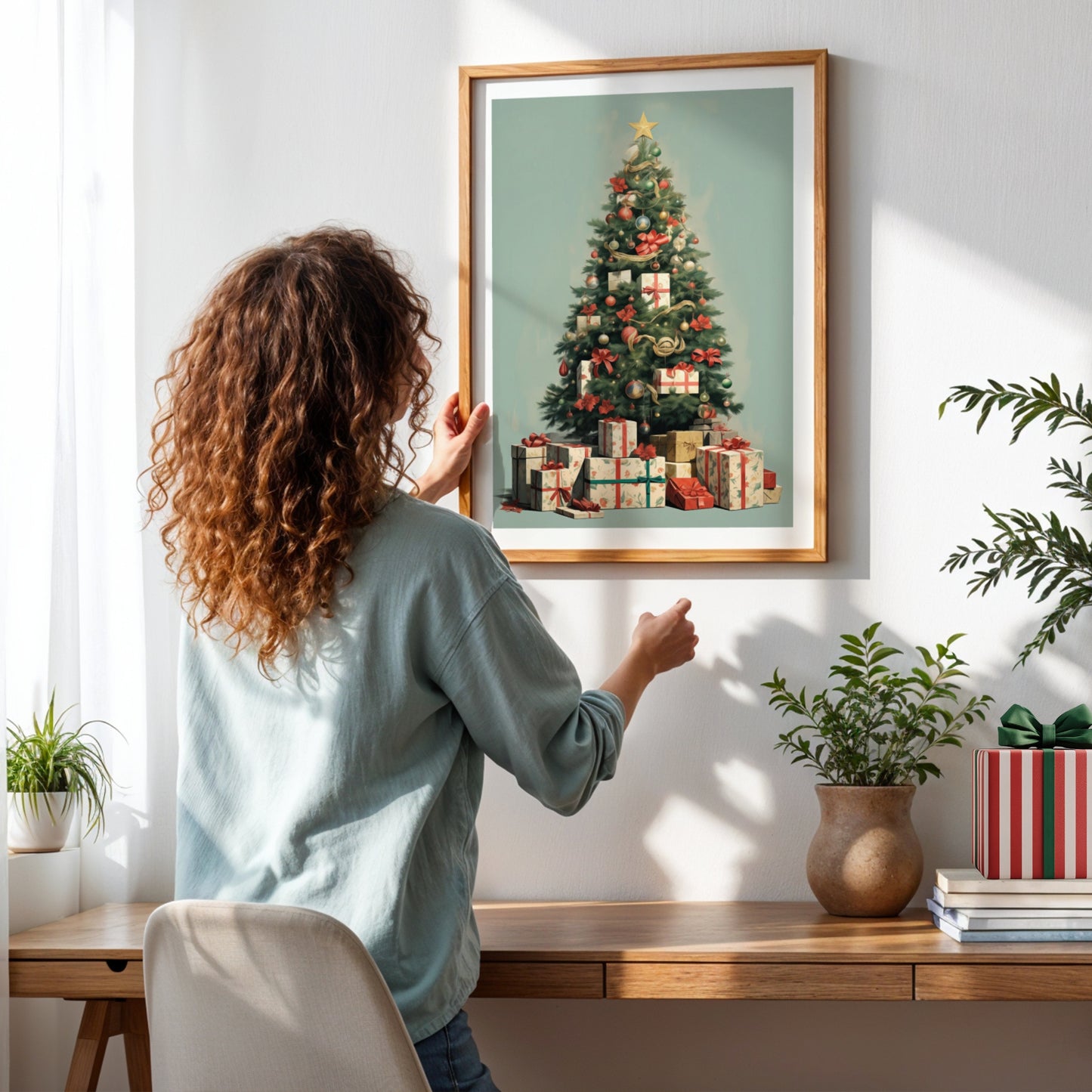 Et nostalgisk motiv med elegante pakker, røde sløyfer og glitrende kuler – en hyllest til julens tradisjoner. Illustrasjon viser plakat med hvit kantlinje i ramme.