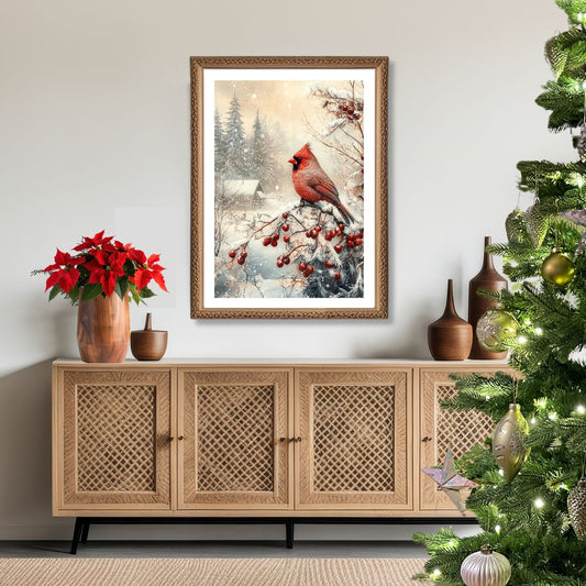 Fang vinterens magiske ro med vår Vintage Jul-plakat og lerret med motiv av en kardinal i et idyllisk snølandskap. Illustrasjon viser motivet som plakat med hvit kant i ramme.