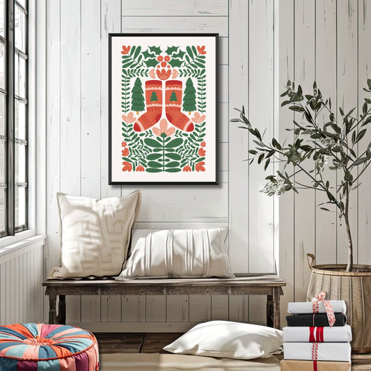 "Vinterglede" er en leken og koselig plakat som viser et par røde, strikkede julestrømper omkranset av vintergrønt. Illustrasjonsfoto viser plakat i sort ramme.