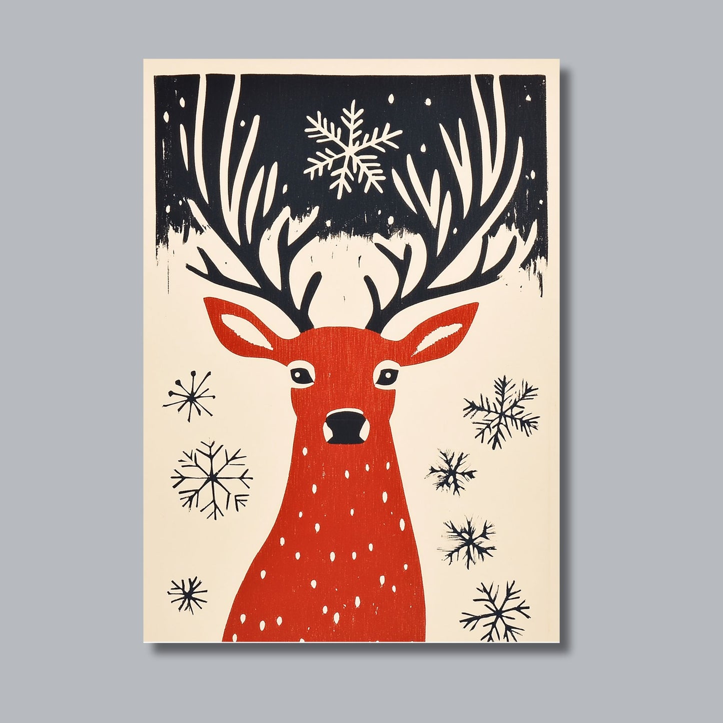 Denne unike illustrasjonen, med sin enkle, men slående fargepalett, fanger vinterens mystikk og hjortens rolige eleganse, og skaper en sofistikert juledekorasjon som passer til alle rom. Illustrasjon viser motivet på lerret.