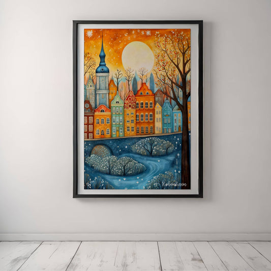 Vinteridyll i København med fargerike hus, snø og stille vann. Illustrasjon viser plakat med hvit kant i sort ramme.