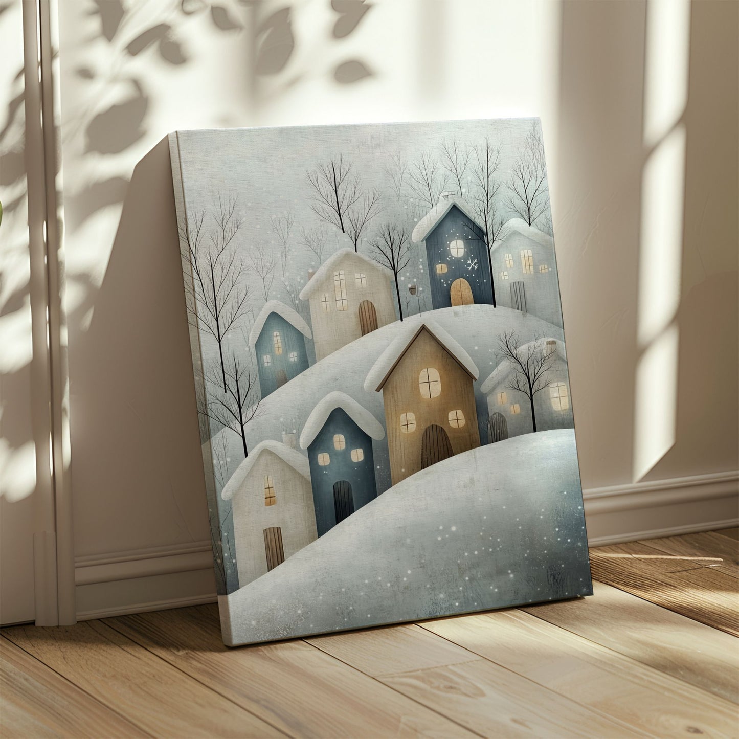 Dette illustrerte kunstverket har en drømmende og nostalgisk atmosfære, med snødekte tak og glødende vinduer som gir en varm kontrast til vinterens kjølige toner. Illustrasjon viser motivet på lerret.