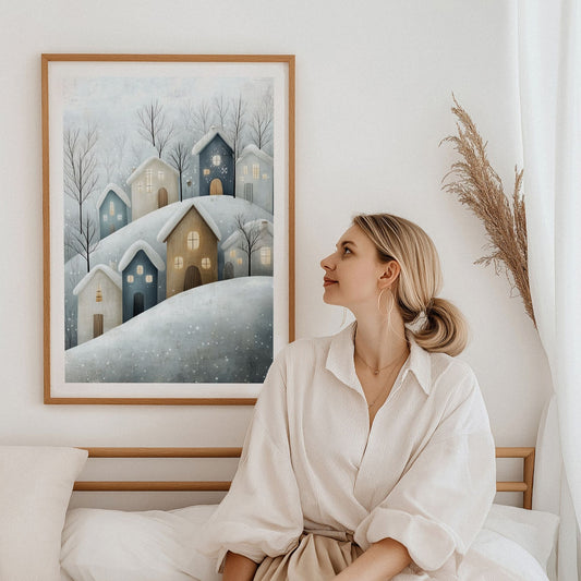 Dette illustrerte kunstverket har en drømmende og nostalgisk atmosfære, med snødekte tak og glødende vinduer som gir en varm kontrast til vinterens kjølige toner. Illustrasjon viser motivet som plakat med hvit kant i eik ramme.