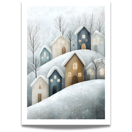 Dette illustrerte kunstverket har en drømmende og nostalgisk atmosfære, med snødekte tak og glødende vinduer som gir en varm kontrast til vinterens kjølige toner.