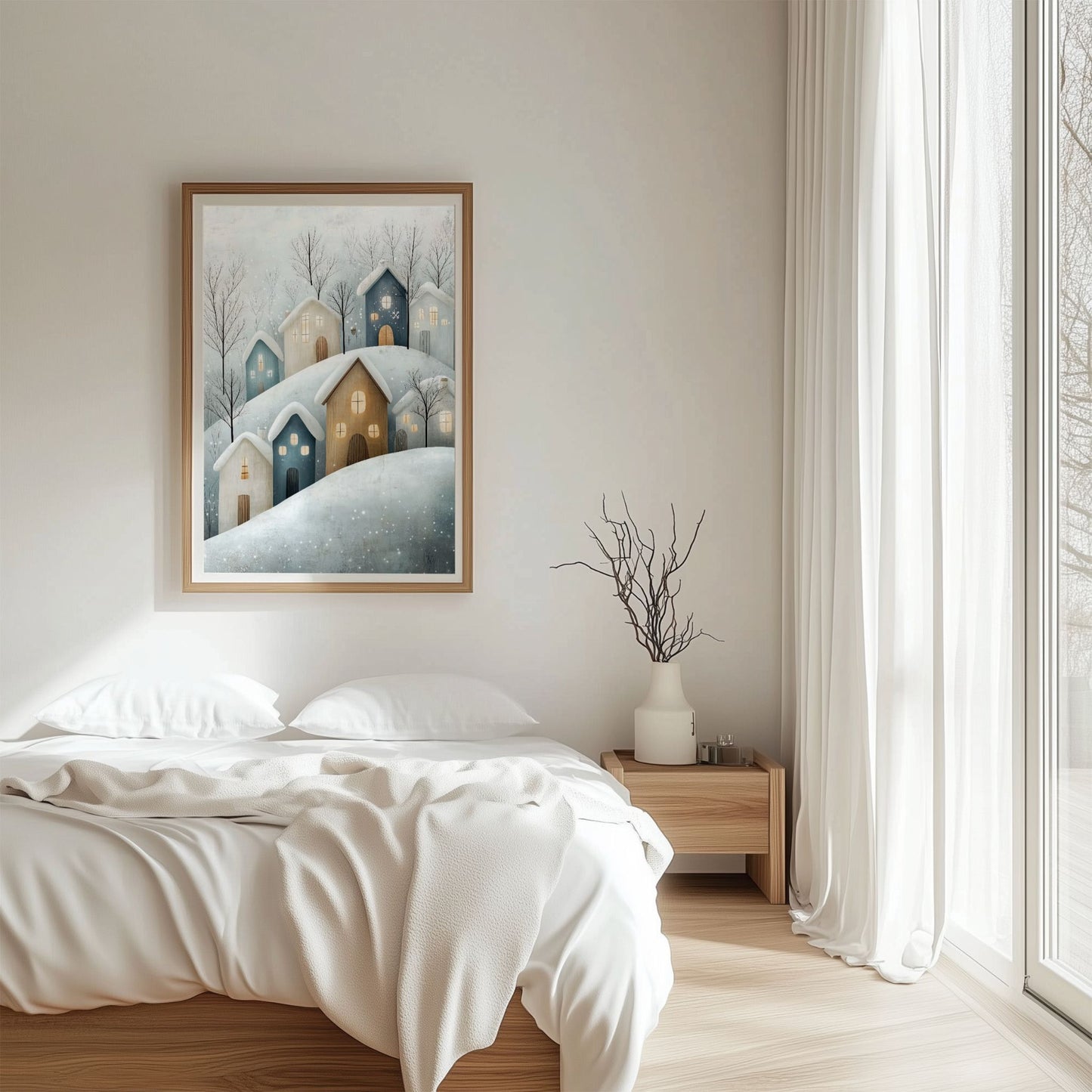 Dette illustrerte kunstverket har en drømmende og nostalgisk atmosfære, med snødekte tak og glødende vinduer som gir en varm kontrast til vinterens kjølige toner. Illustrasjon viser motivet som plakat med passepartout i eik ramme.