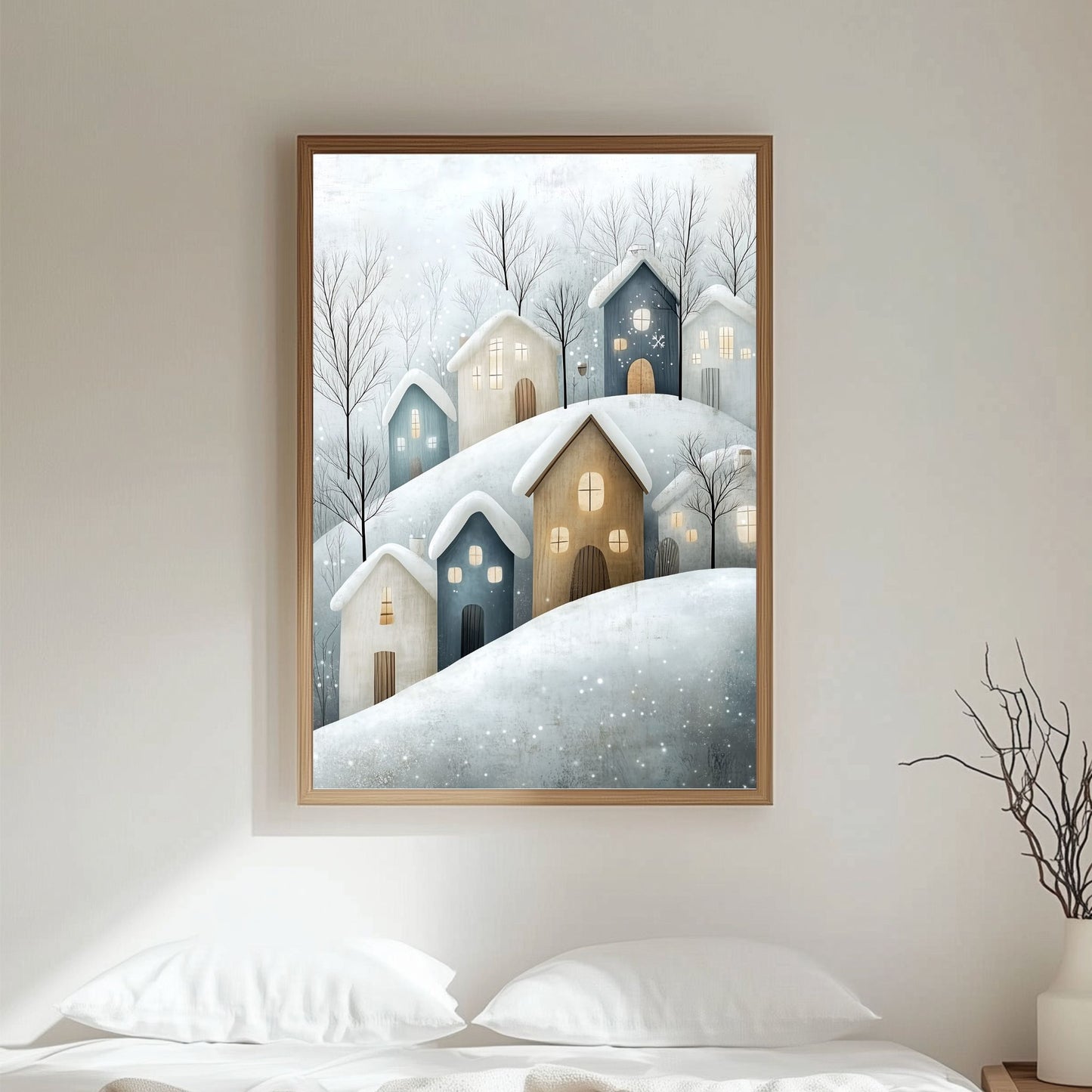 Dette illustrerte kunstverket har en drømmende og nostalgisk atmosfære, med snødekte tak og glødende vinduer som gir en varm kontrast til vinterens kjølige toner. Illustrasjon viser motivet som plakat uten hvit kant i eik ramme.