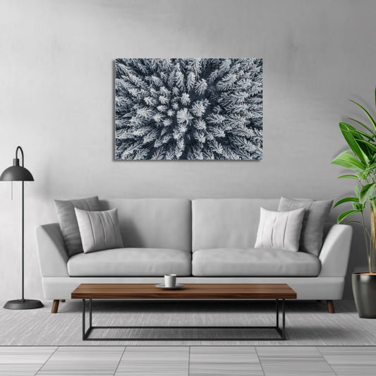 Snøkledd granskog i fugleperspektiv. Fotografi i sort-hvitt som plakat eller lerret. Plakat har en hvit kant rundt som gir dybde og fremhever motivet. Illustrasjonen viser fotografiet henger som lerret over en sofa.