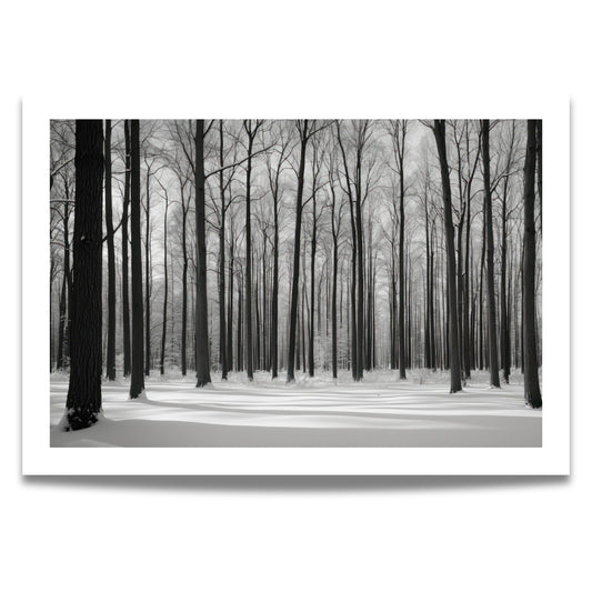 Bildet av høye, nakne trær som strekker seg mot himmelen, med et snødekt landskap i forgrunnen, skaper en atmosfære av stillhet og refleksjon.