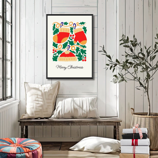 "Vinterstrikk", en plakat som illustrerer strikkede votter og hodeplagg i varme farger. Illustrasjonsfoto viser plakat i sort ramme.