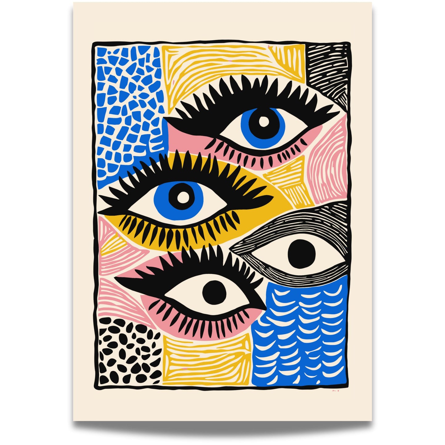 Vision Blocks er en særegen og uttrykksfull plakat med gjentatte øyemotiver og fargesterke felt i rosa, blått, gult og svart. Illustrasjon viser plakat med smal kant.