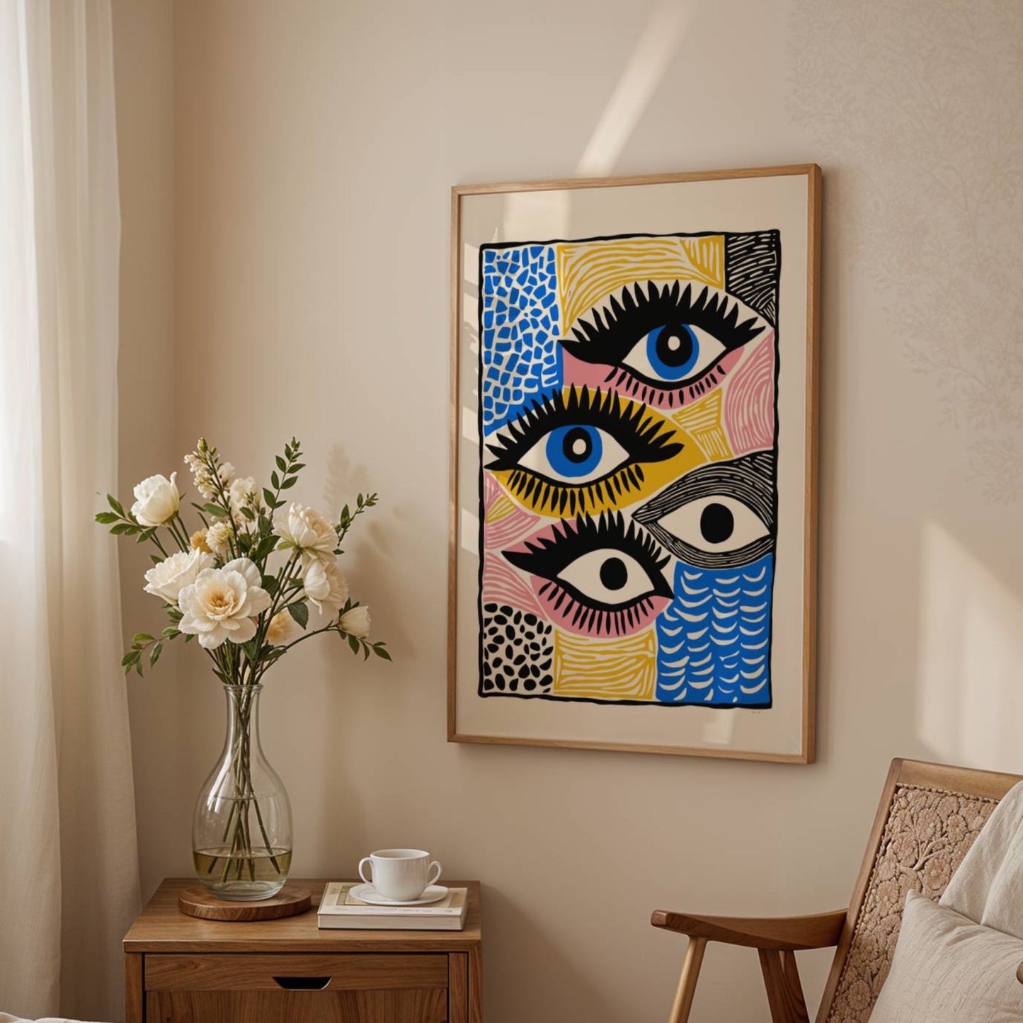 Vision Blocks er en særegen og uttrykksfull plakat med gjentatte øyemotiver og fargesterke felt i rosa, blått, gult og svart. Illustrasjon viser plakat med smal kant i eik ramme.