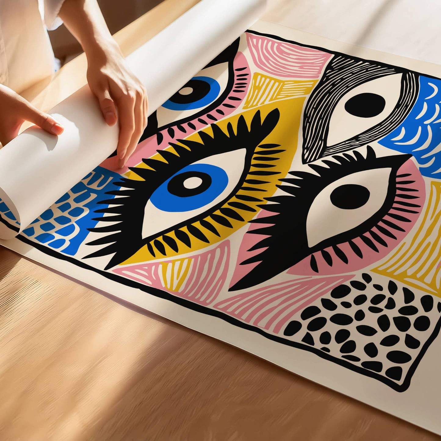 Vision Blocks er en særegen og uttrykksfull plakat med gjentatte øyemotiver og fargesterke felt i rosa, blått, gult og svart. Illustrasjon viser plakat med smal kant på print.