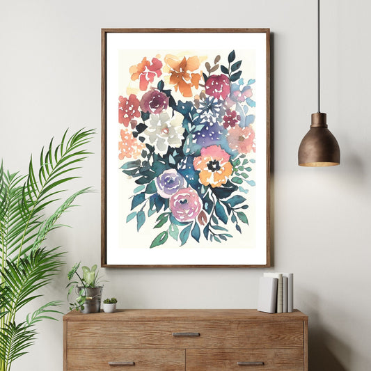Watercolor Flowers - grafisk plakat, fargerik akvarell. Illustrasjon av plakt i brun ramme
