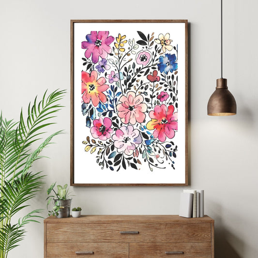 Watercolor Flowers - grafisk plakat, fargerik akvarell. Illustrasjon av plakt i brun ramme