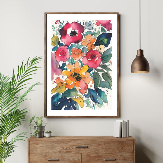 Watercolor Flowers - grafisk plakat, fargerik akvarell. Illustrasjon av plakt i brun ramme