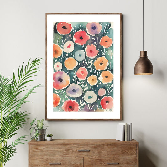 Watercolor Flowers - grafisk plakat, fargerik akvarell. Illustrasjon av plakt i brun ramme