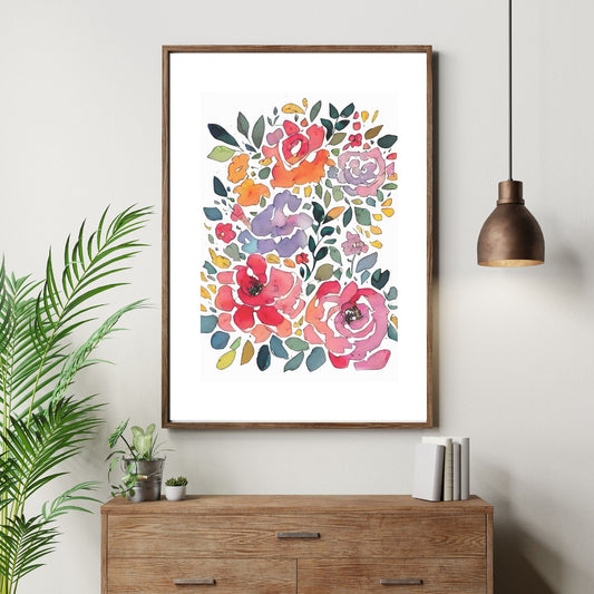 Watercolor Flowers - grafisk plakat, fargerik akvarell. Illustrasjon av plakt i brun ramme