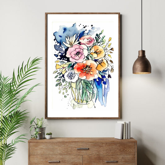 Watercolor Flowers - grafisk plakat, fargerik akvarell. Illustrasjon av plakt i brun ramme