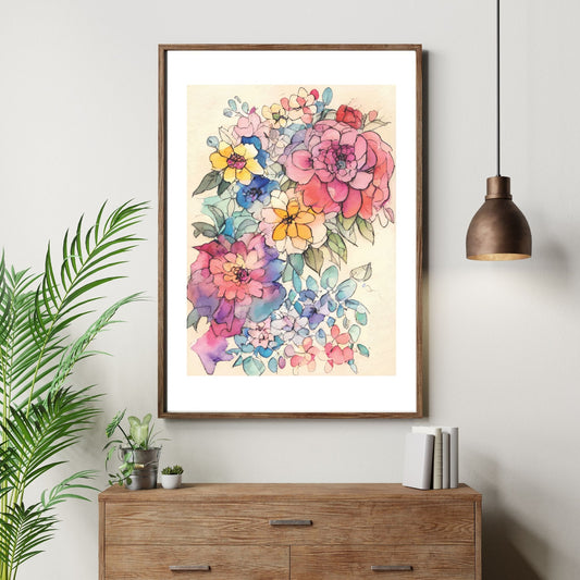 Watercolor Flowers - grafisk plakat, fargerik akvarell. Illustrasjon av plakt i brun ramme