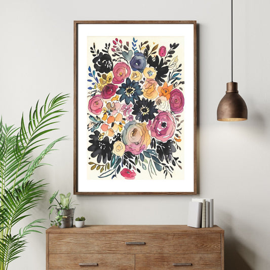 Watercolor Flowers - grafisk plakat, fargerik akvarell. Illustrasjon av plakt i brun ramme