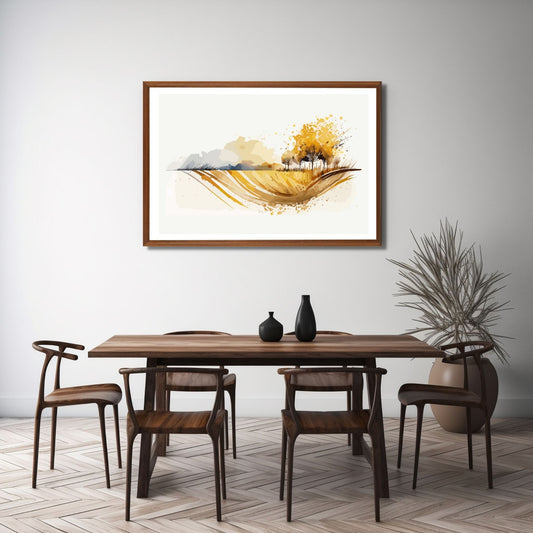 White Fields er en serie med grafisk akvarell. Motivet er åkerlandskap i duse orange, beige og svarte nyanser. Plakaten har en hvit kant som gir dybde og fremhever motivet. Illustrasjonen viser motivet i eikeramme som henger over et spisebord.