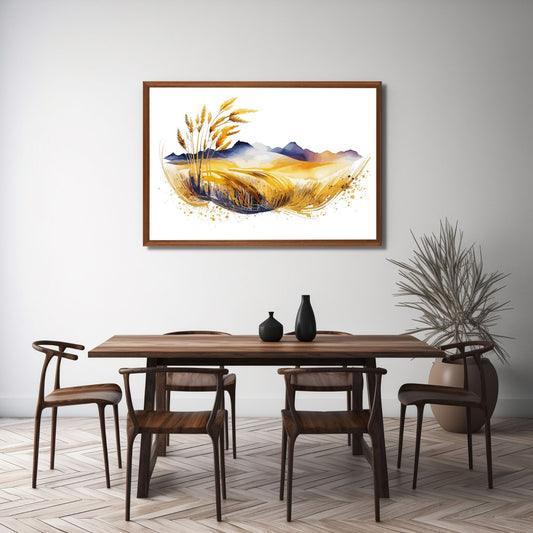 White Fields er en serie med grafisk akvarell. Motivet er åkerlandskap i duse orange, beige og svarte nyanser. Plakaten har en hvit kant som gir dybde og fremhever motivet. Illustrasjonen viser motivet i eikeramme som henger over et spisebord.