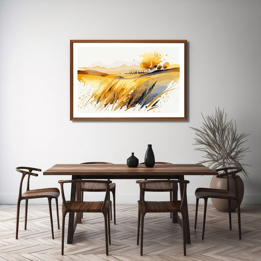 White Fields er en serie med grafisk akvarell. Motivet er åkerlandskap i duse orange, beige og svarte nyanser. Plakaten har en hvit kant som gir dybde og fremhever motivet. Illustrasjonen viser motivet i eikeramme som henger over et spisebord.