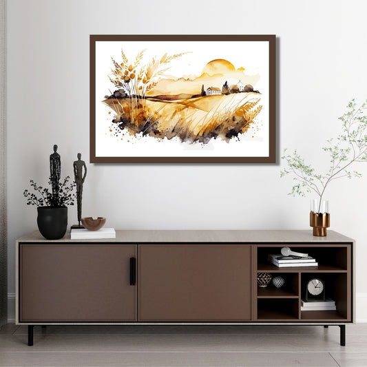 White Fields er en serie med grafisk akvarell. Motivet er åkerlandskap i duse orange, beige og svarte nyanser. Plakaten har en hvit kant som gir dybde og fremhever motivet. Illustrasjonen viser motivet i eikeramme som henger over en sjenk.