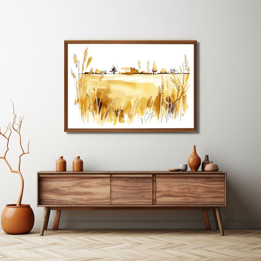 White Fields er en serie med grafisk akvarell. Motivet er åkerlandskap i duse orange, beige og svarte nyanser. Plakaten har en hvit kant som gir dybde og fremhever motivet. Illustrasjonen viser motivet i eikeramme som henger over en sjenk.