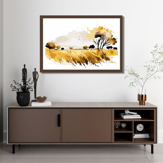 White Fields er en serie med grafisk akvarell. Motivet er åkerlandskap i duse orange, beige og svarte nyanser. Plakaten har en hvit kant som gir dybde og fremhever motivet. Illustrasjonen viser motivet i eikeramme som henger over en sjenk.