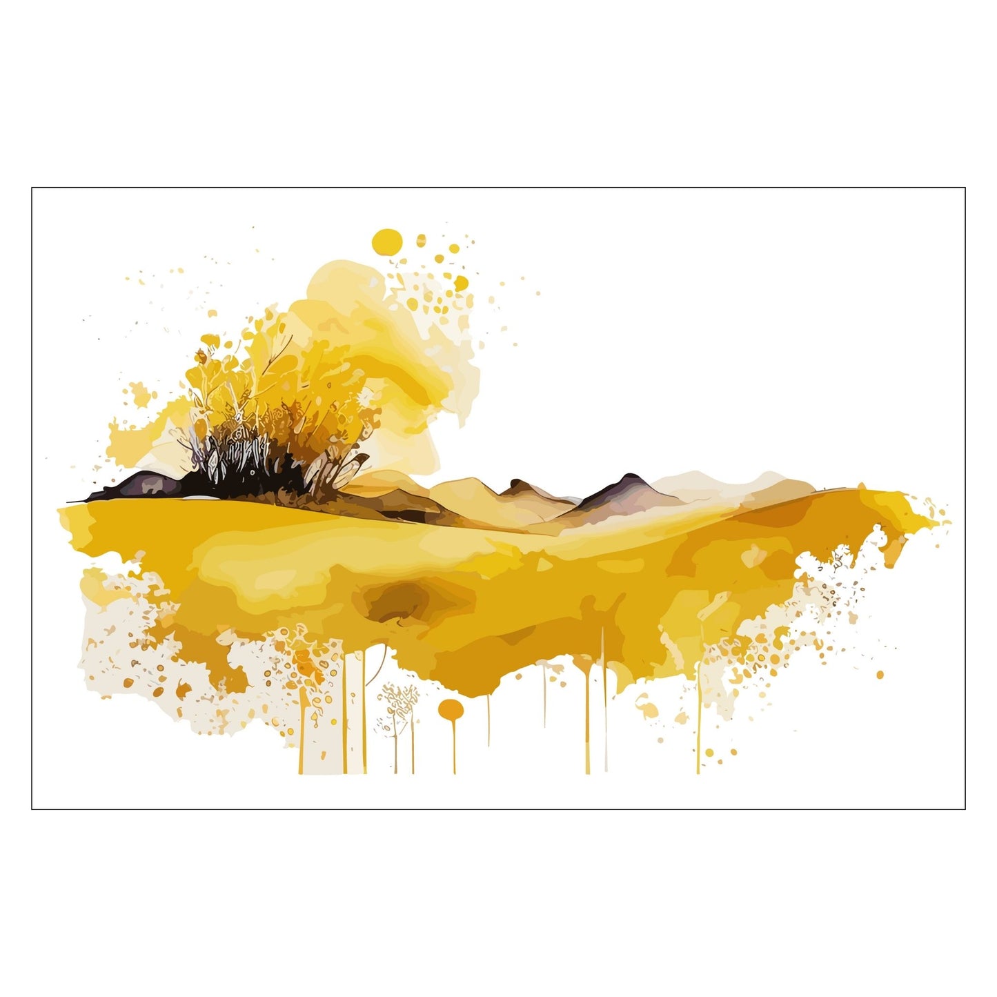 White Fields er en serie med grafisk akvarell. Motivet er åkerlandskap i duse orange, beige og svarte nyanser. Plakaten har en hvit kant som gir dybde og fremhever motivet.