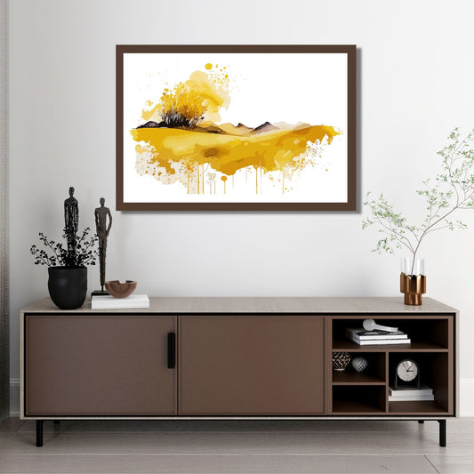 White Fields er en serie med grafisk akvarell. Motivet er åkerlandskap i duse orange, beige og svarte nyanser. Plakaten har en hvit kant som gir dybde og fremhever motivet. Illustrasjonen viser motivet i eikeramme som henger over en sjenk.