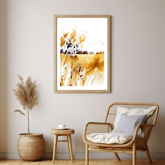 White Fields er en serie med grafisk akvarell. Motivet er åkerlandskap i duse orange, beige og svarte nyanser. Plakaten har en hvit kant som gir dybde og fremhever motivet. Illustrasjonen viser motivet på enn vegg i eikeramme.