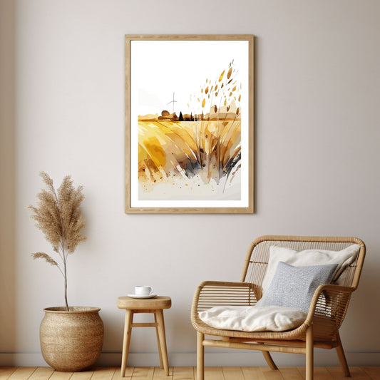 White Fields er en serie med grafisk akvarell. Motivet er åkerlandskap i duse orange, beige og svarte nyanser. Plakaten har en hvit kant som gir dybde og fremhever motivet.