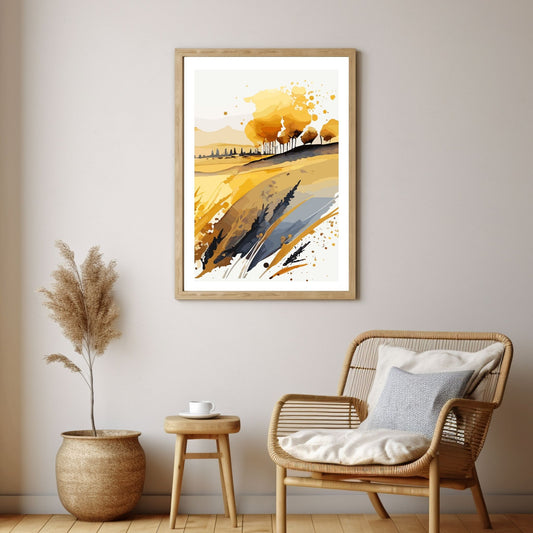 White Fields er en serie med grafisk akvarell. Motivet er åkerlandskap i duse orange, beige og svarte nyanser. Plakaten har en hvit kant som gir dybde og fremhever motivet. Illustrasjonen viser motivet på enn vegg i eikeramme.