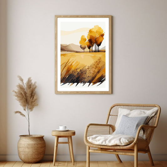 White Fields er en serie med grafisk akvarell. Motivet er åkerlandskap i duse orange, beige og svarte nyanser. Plakaten har en hvit kant som gir dybde og fremhever motivet. Illustrasjonen viser motivet på enn vegg i eikeramme.